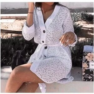 Zara White/Cream Eyelet Button-Up Dress with Linen trim